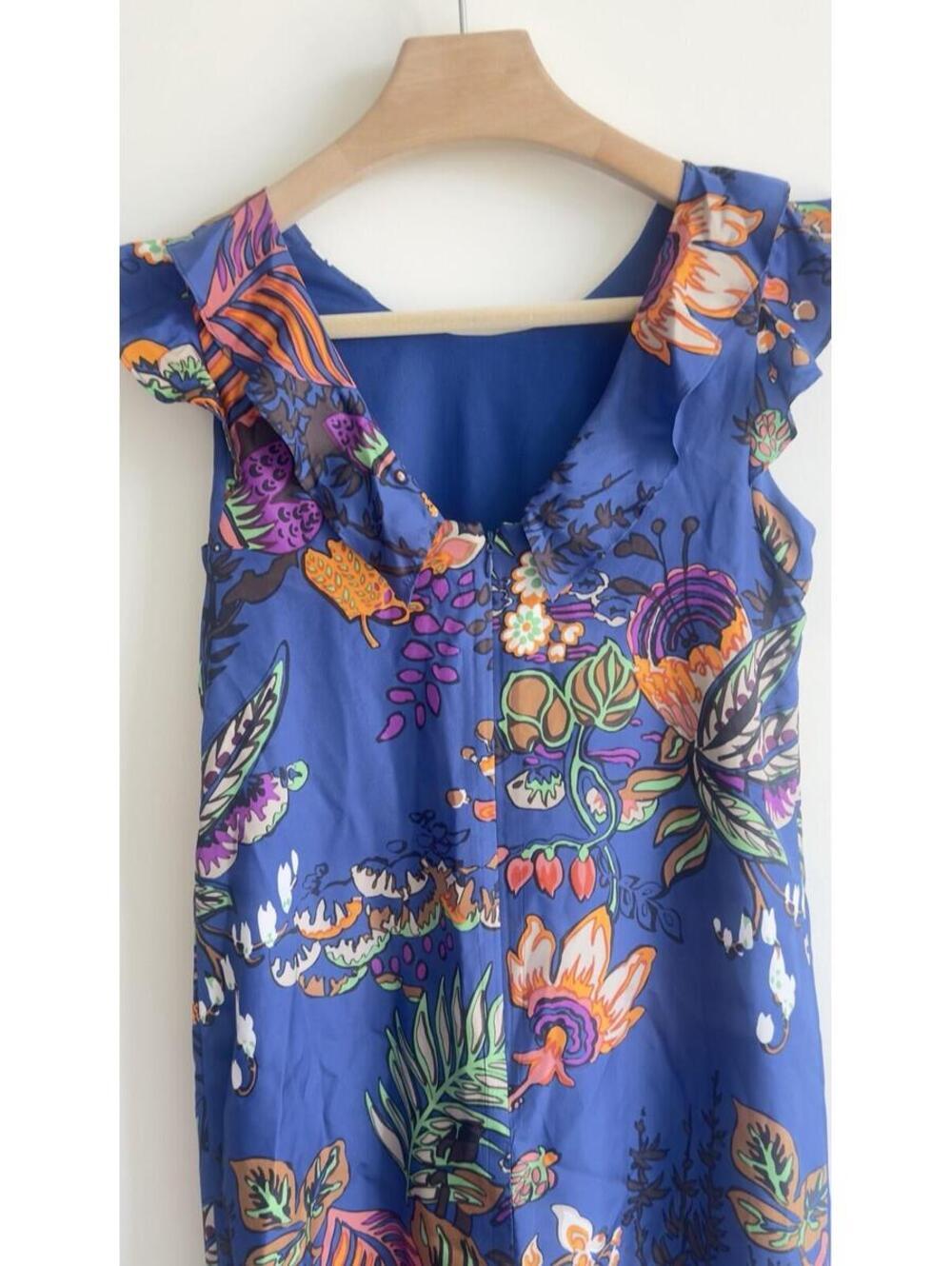 J.Crew Silk Ruffle Shift Dress Blue Floral Print Sleeveless Size 2 Lined - Picture 8 of 9